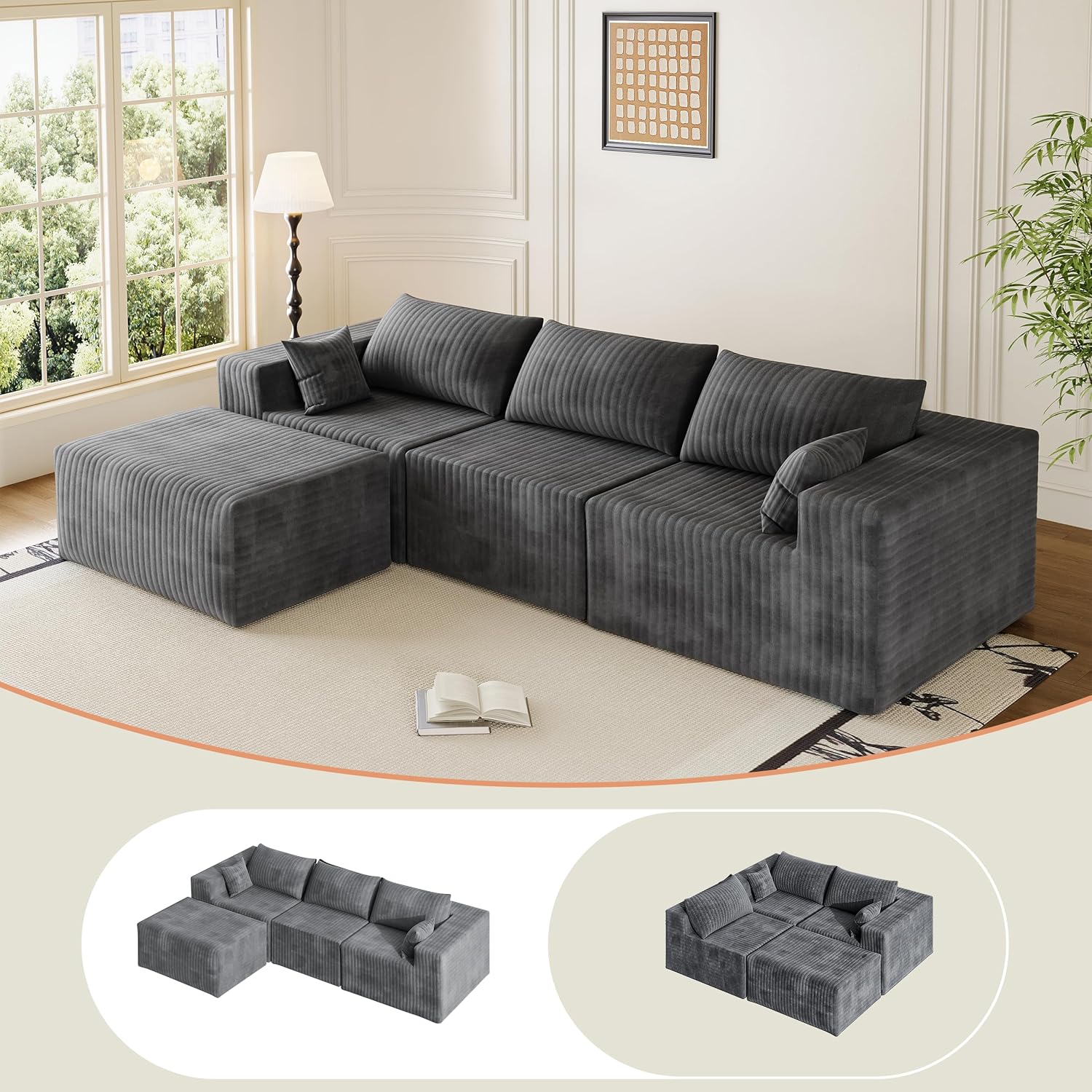 110 Boneless Couches for Living Room Cloud Couch Modular Sectional Sofa with Deep Seat Plush Large Foam Sofa L-Shape Sofa Couch,No Assembly Required, Carbon Gray(Plush Corduroy Fabric)