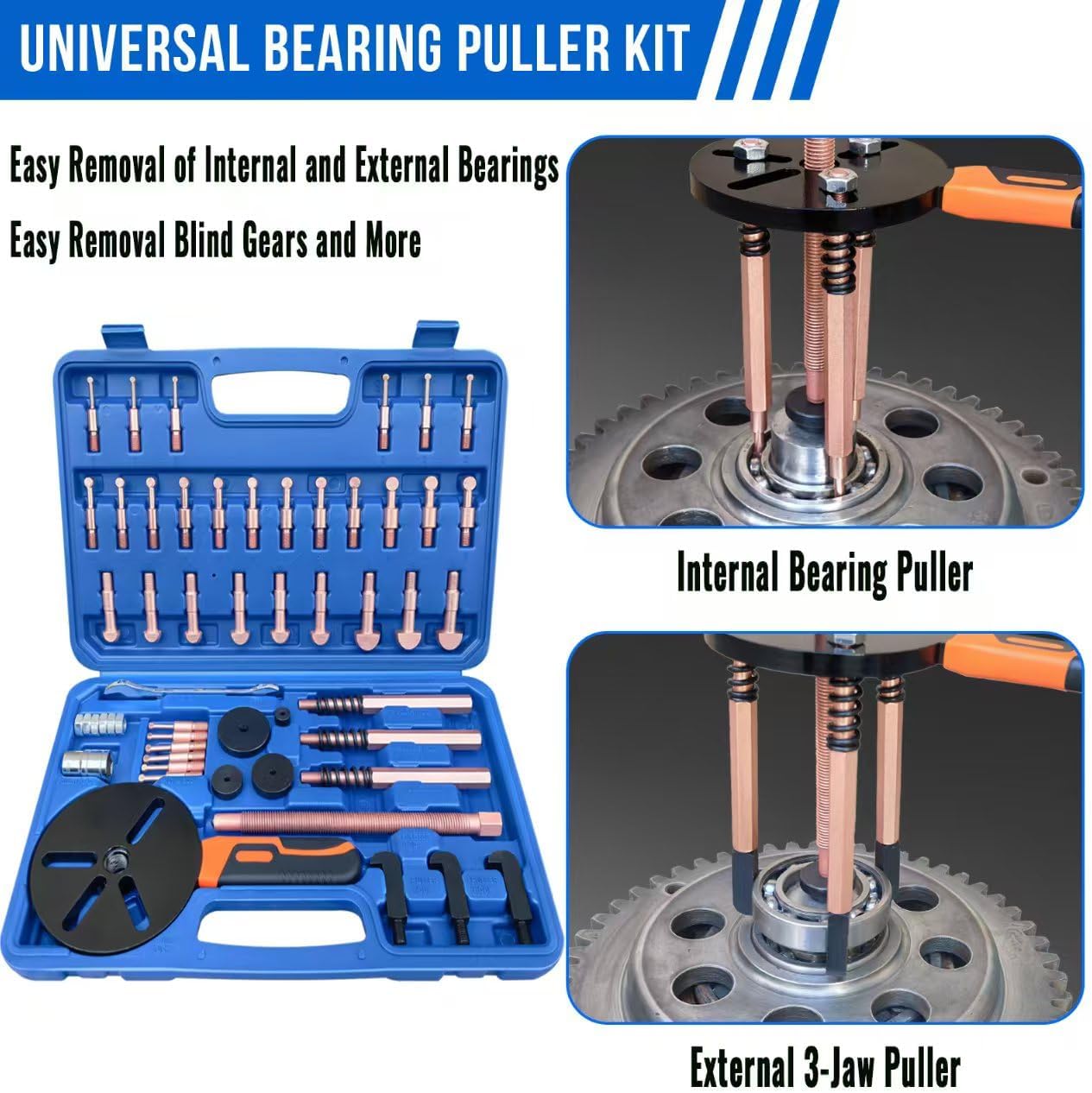 45 in1 Bearing Puller Set, Blind Bearing Puller Separator, 3 Jaw Gear Pulley Puller Kit, Inner Bearing Removal Tool with 9 Different Specifications of Pulling Heads, Special Storage Box