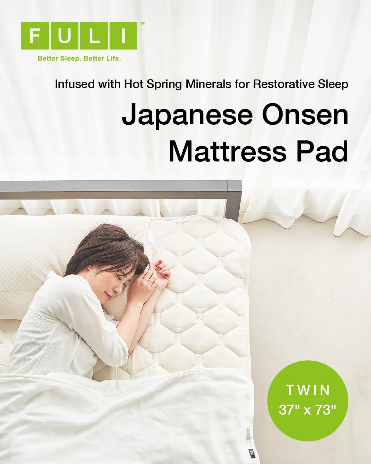 FULI Mattress Pad Infused with Restorative Japanese Onsen Minerals for Better Sleep, Rejuvenating Anti-Aging Hormesis Hot Spring Mattress Topper, Made in Japan - Twin Size (37.4 x 72.8)