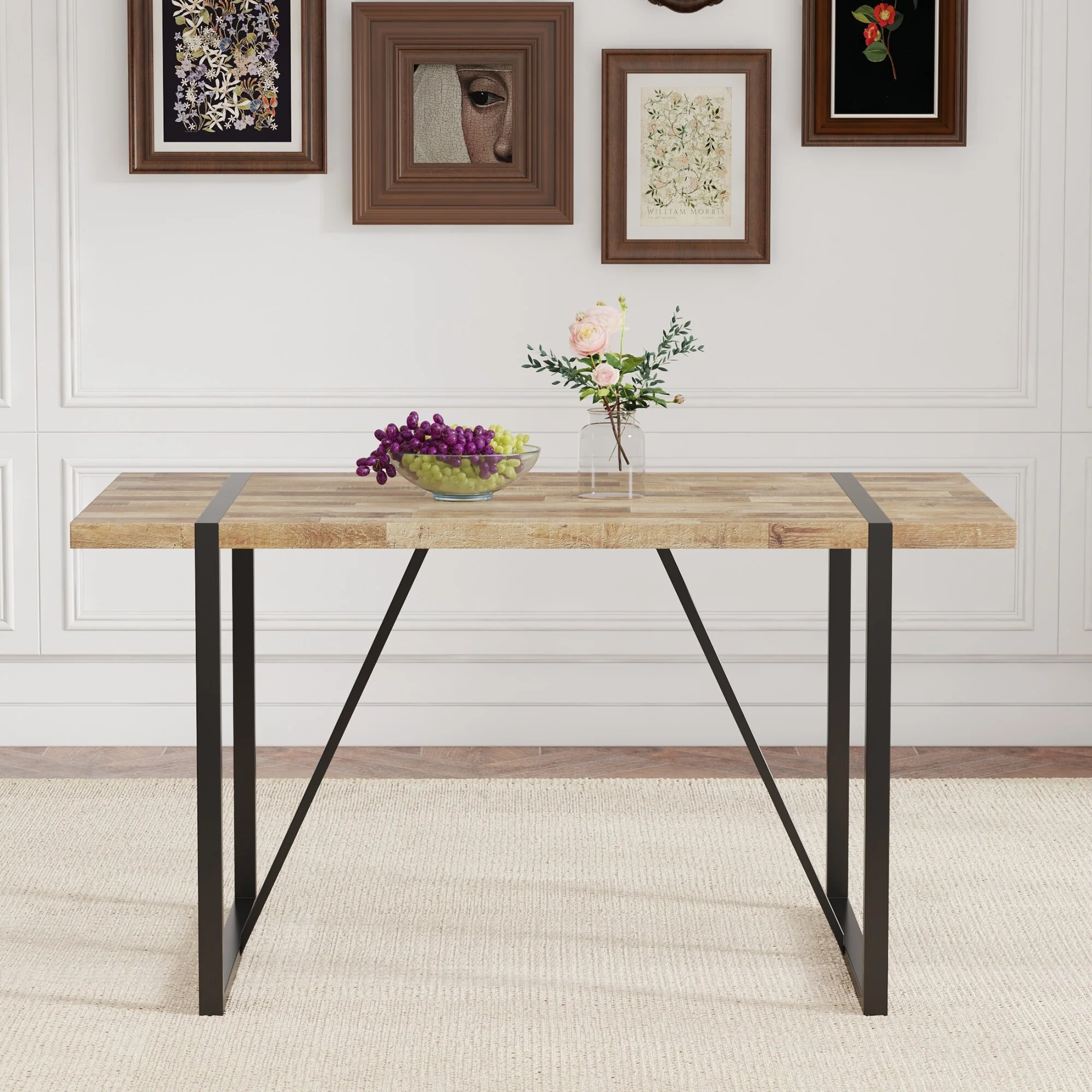 A minimalist retro rectangular dining table with a specially textured top and black metal legs - Black,Wood