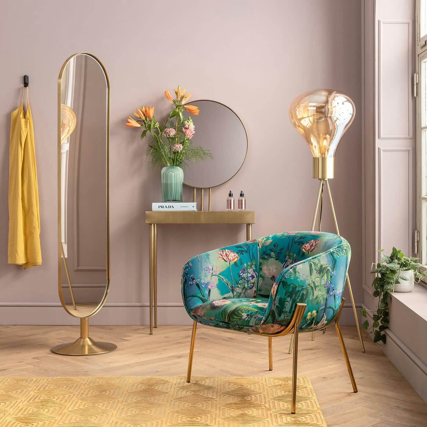 PARADISE - Fauteuil en tissu bleu imprimés fleurs et acier doré