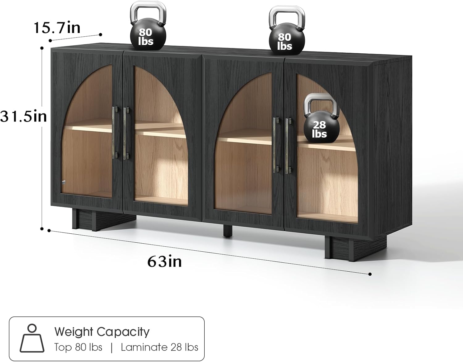 JOINICE Sideboard Buffet Cabinet with Storage,63” Modern Accent Console Cabinet with Glass Doors,Arched Credenza Storage Cabinet with Adjustable Shelves for Entryway,Kitchen,Black