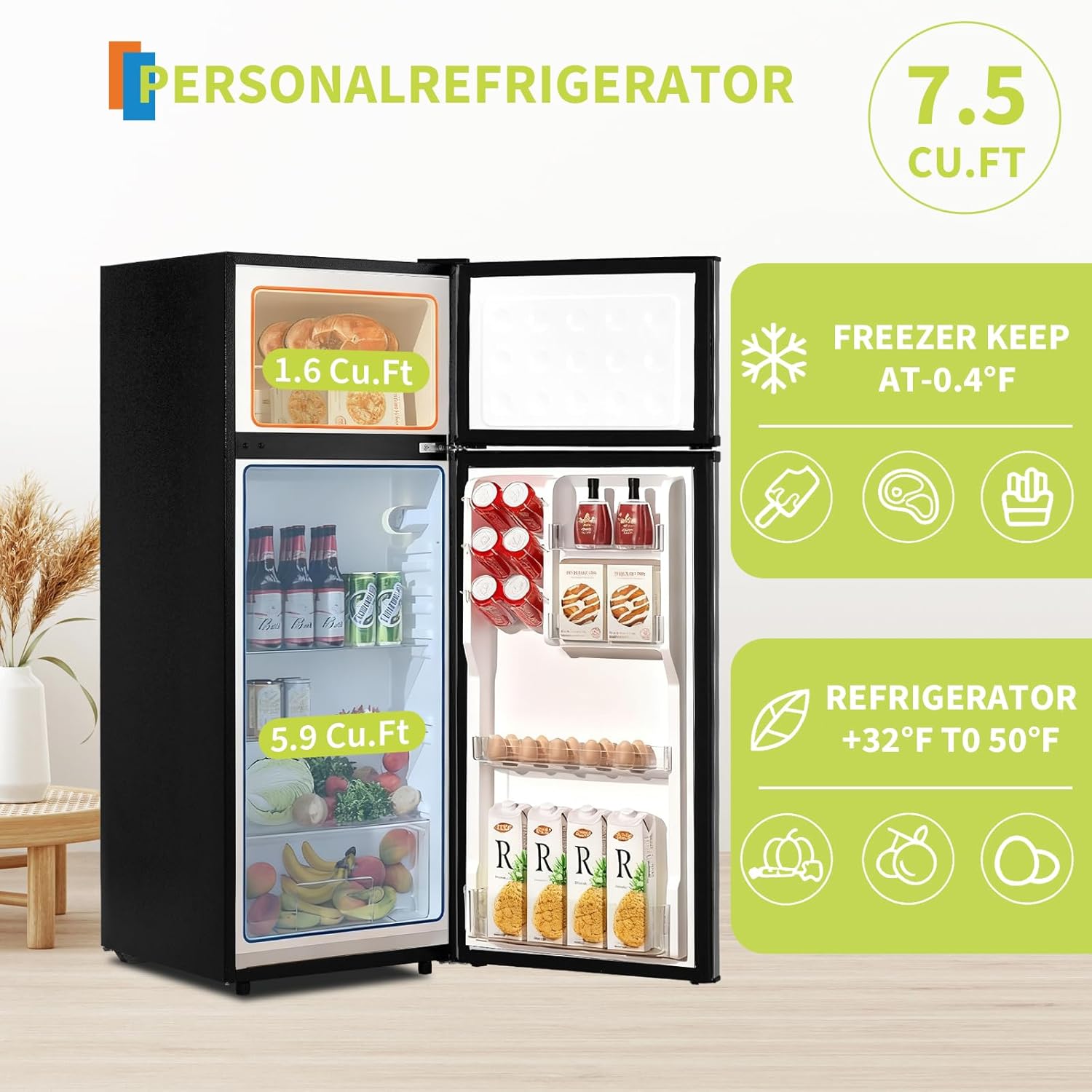 Garvee 7.5 Cu. Ft. Compact Refrigerator | Two Door Mini Fridge with Energy-Efficient & Quiet Operation | for Dorm, Office, Bedroom, Kitchen, Bar Use​ with Adjustable Shelves