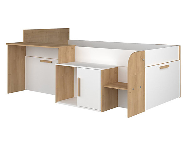 Lit combiné 90 x 200 cm avec bureau et rangements - Coloris : Blanc et naturel   Sommier - PEDRO