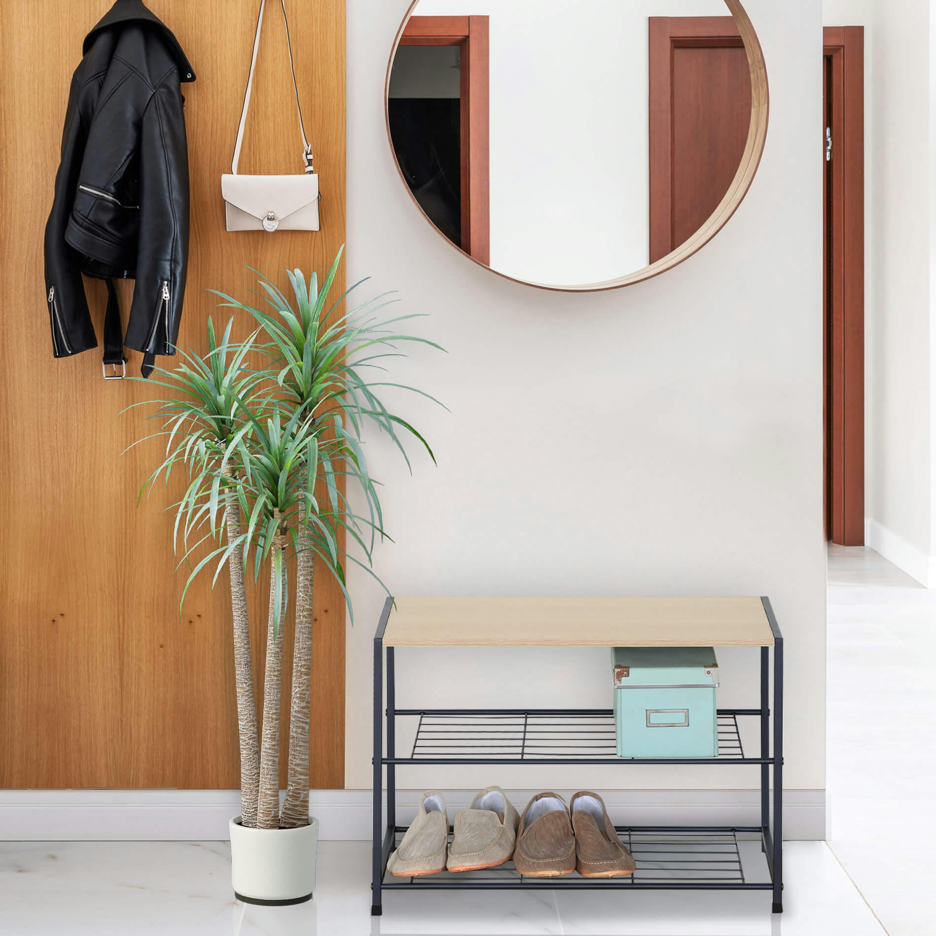 - Etagère à chaussures en aggloméré et métal 3 niveaux noir et beige