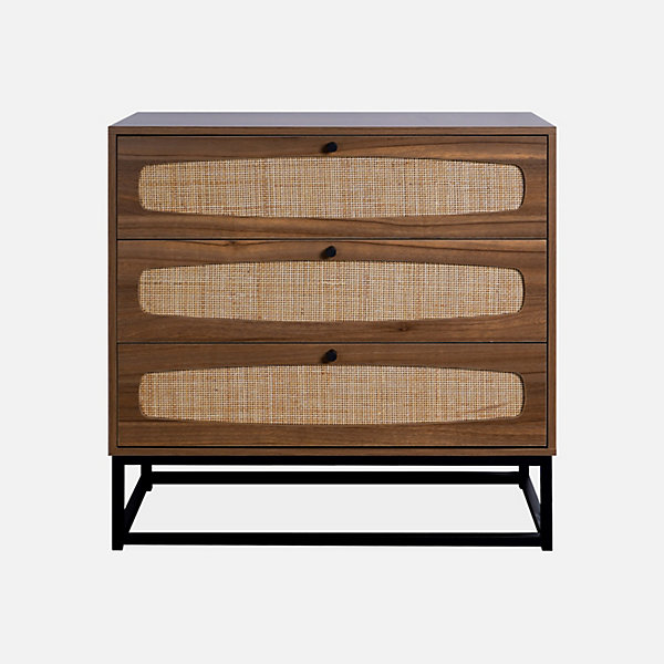 Commode rétro décor bois et cannage 3 tiroirs piètement et poignées en métal noir