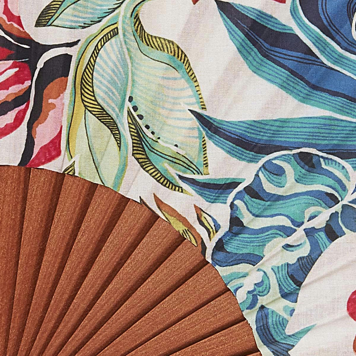 BAMBOO - Éventail en bois de merisier et coton imprimé tropical