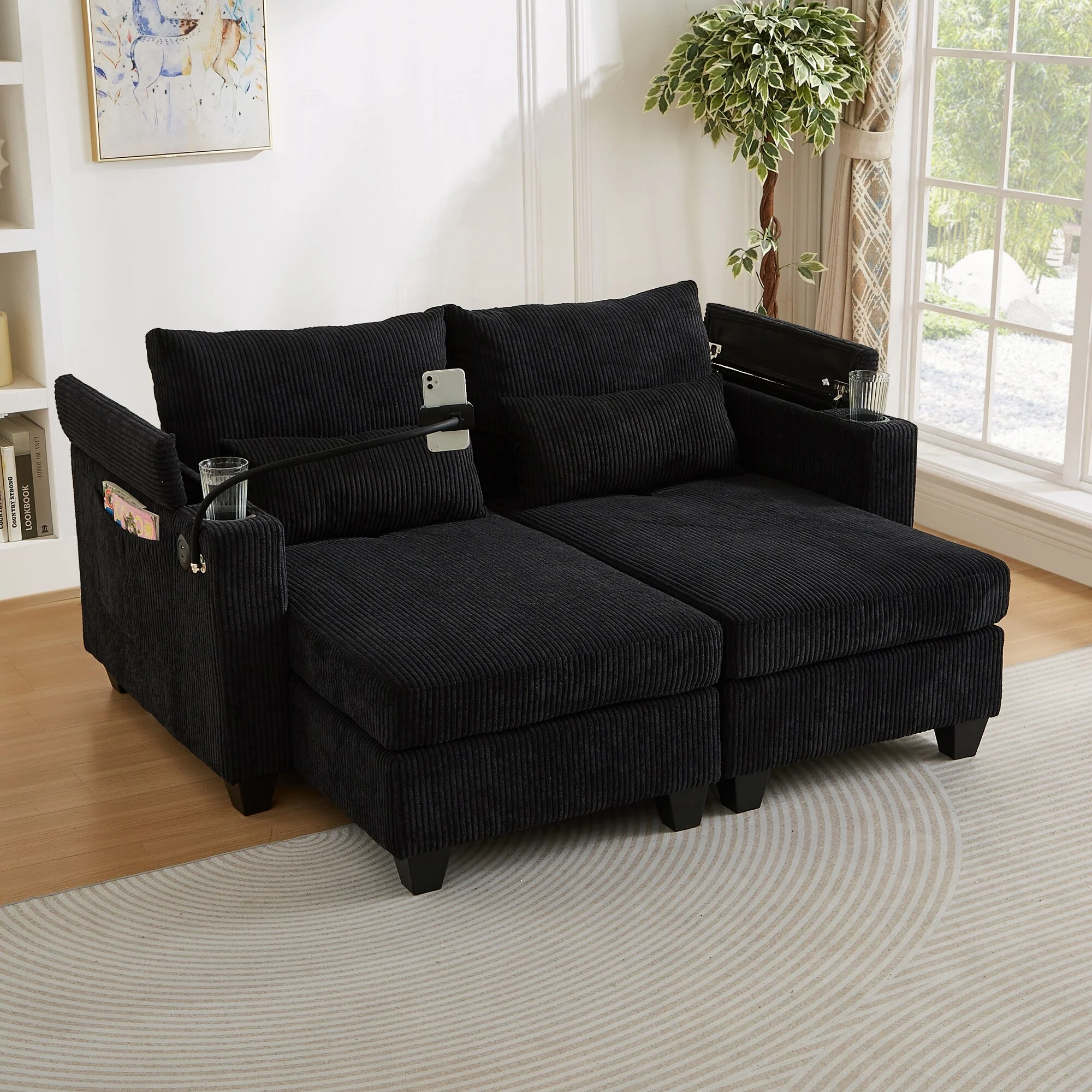 Convertible Chaise Lounge 63 Loveseat Sofa Sofa Bed Corduroy Sleeper Sofa with USB Ports, Two Cup Holders