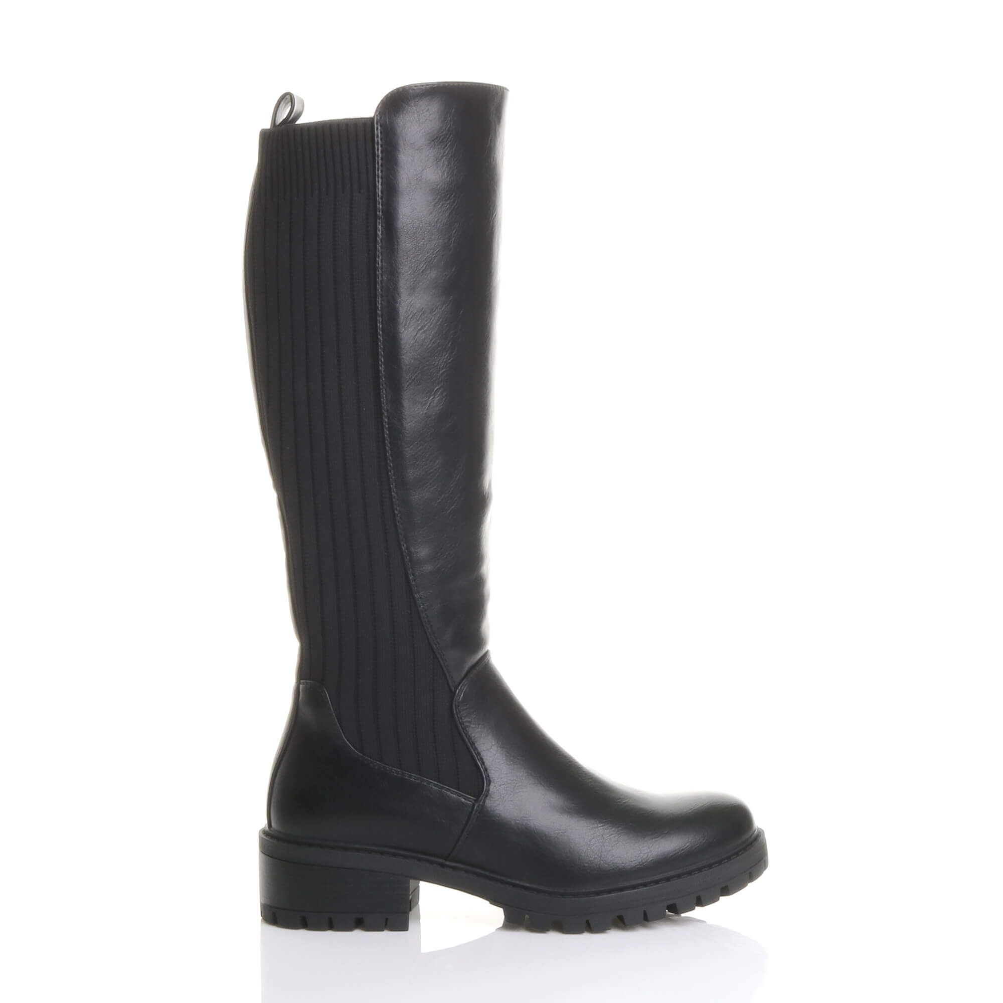 AJVANI Low Heel Knitted Stretchy Knee Chelsea Riding Calf Boots