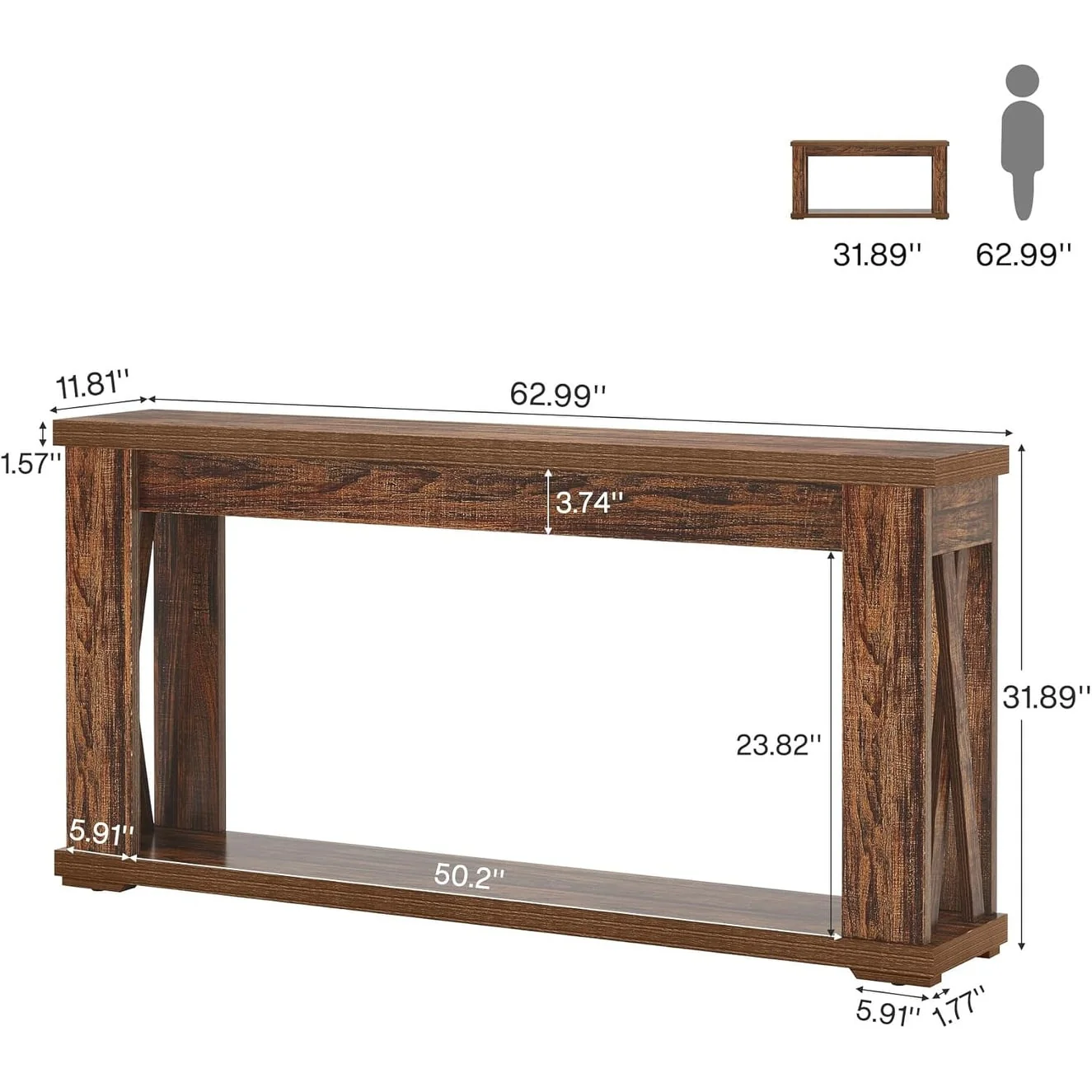 63 Console Table with Storage Shelves for Foyer, Entrance, Hallway, Behind Couch