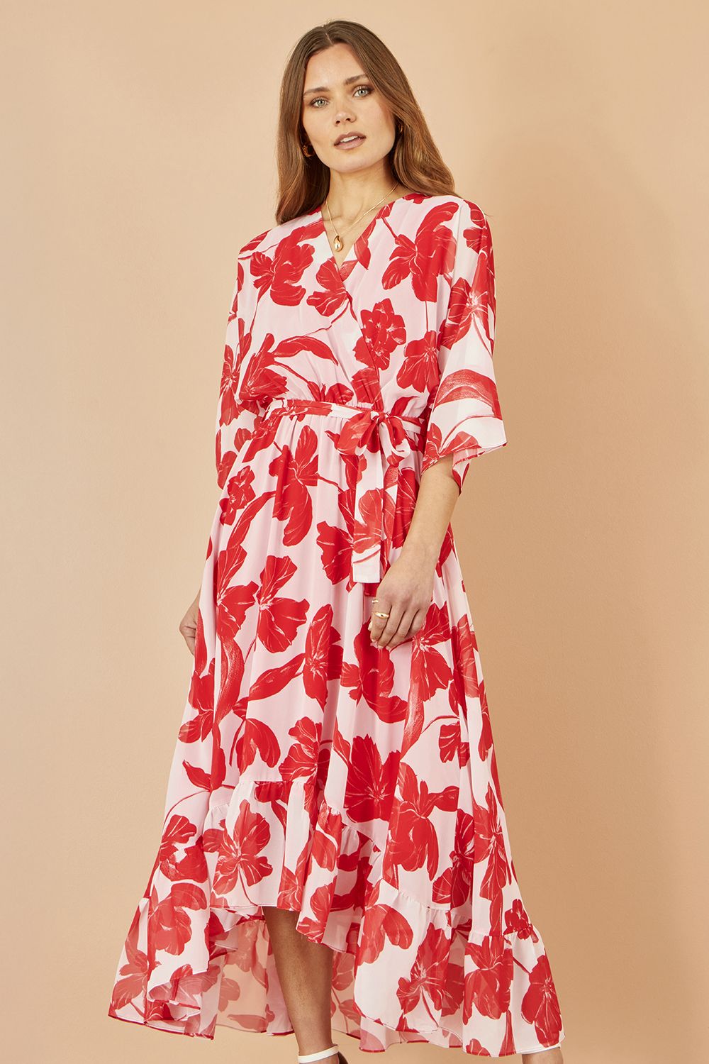 Yumi Red Kimono Sleeves Midi Dip Hem Wrap Midi Dress