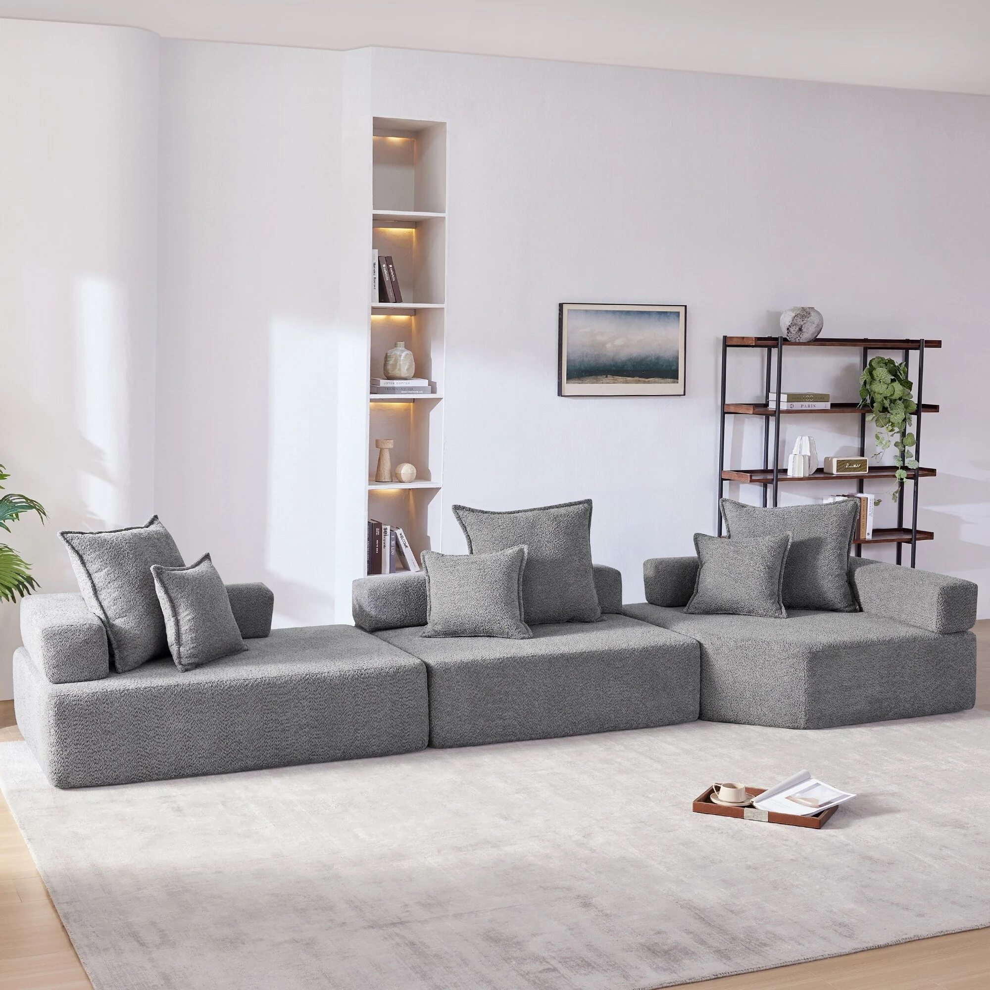 151.5'' Luxury Oversized Modular Sectional Sofa in Soft Boucle Fabric， Spacious 3-Piece Convertible Foam Couch