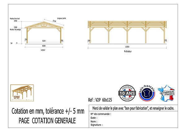 Carport 2 pentes 600cmx1250cm, bois DOUGLAS Français(Charpente en bois-auvent-abri voiture),75 m². Garantie 10 ans