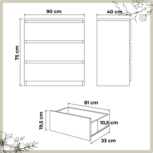 Komoda BASIC 3 szuflady – Biały | 90x75x40 cm