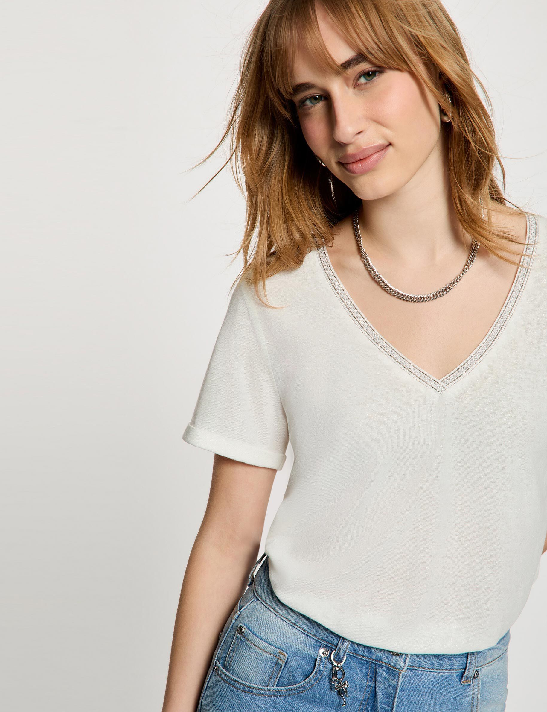 Pearl-Embellished V-Neck T-Shirt White Women