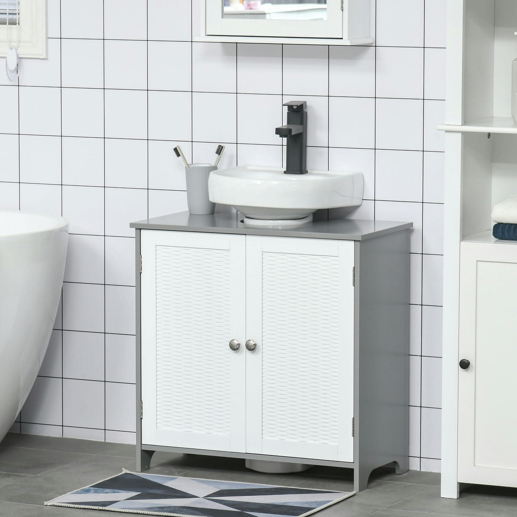 - Meuble sous-vasque - 2 portes aspect résine tressée - MDF blanc gris