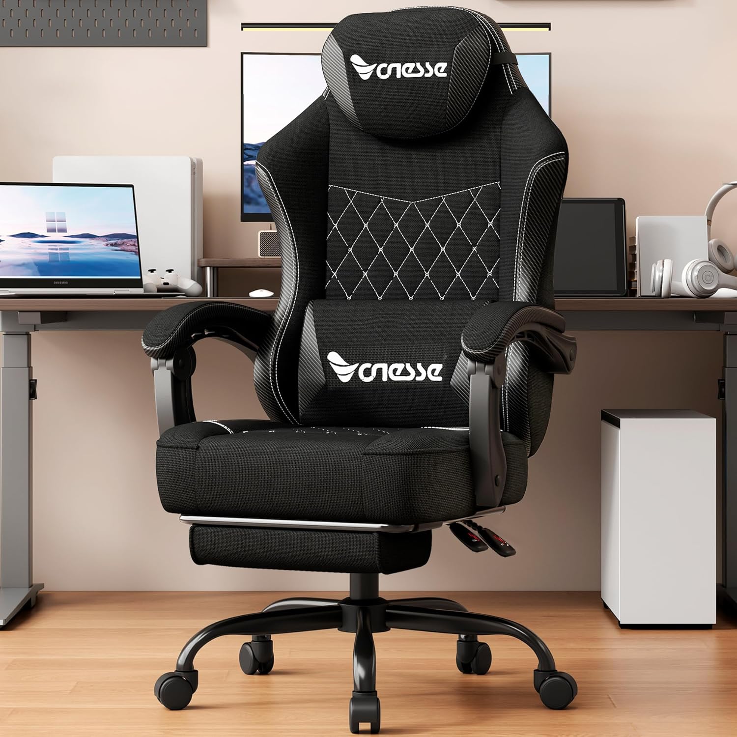 Vonesse Office Chair, Desk Chair with Linen Breathable Mesh Fabric, Gaming Chair with Lumbar Support and Massage, Executive Computer Chairs with Footrest and Headrest (Black)