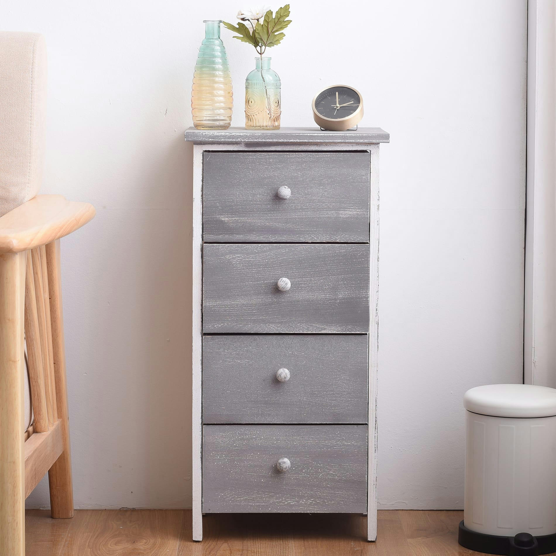 - Chiffonnier avec 4 tiroirs en bois blanc et gris