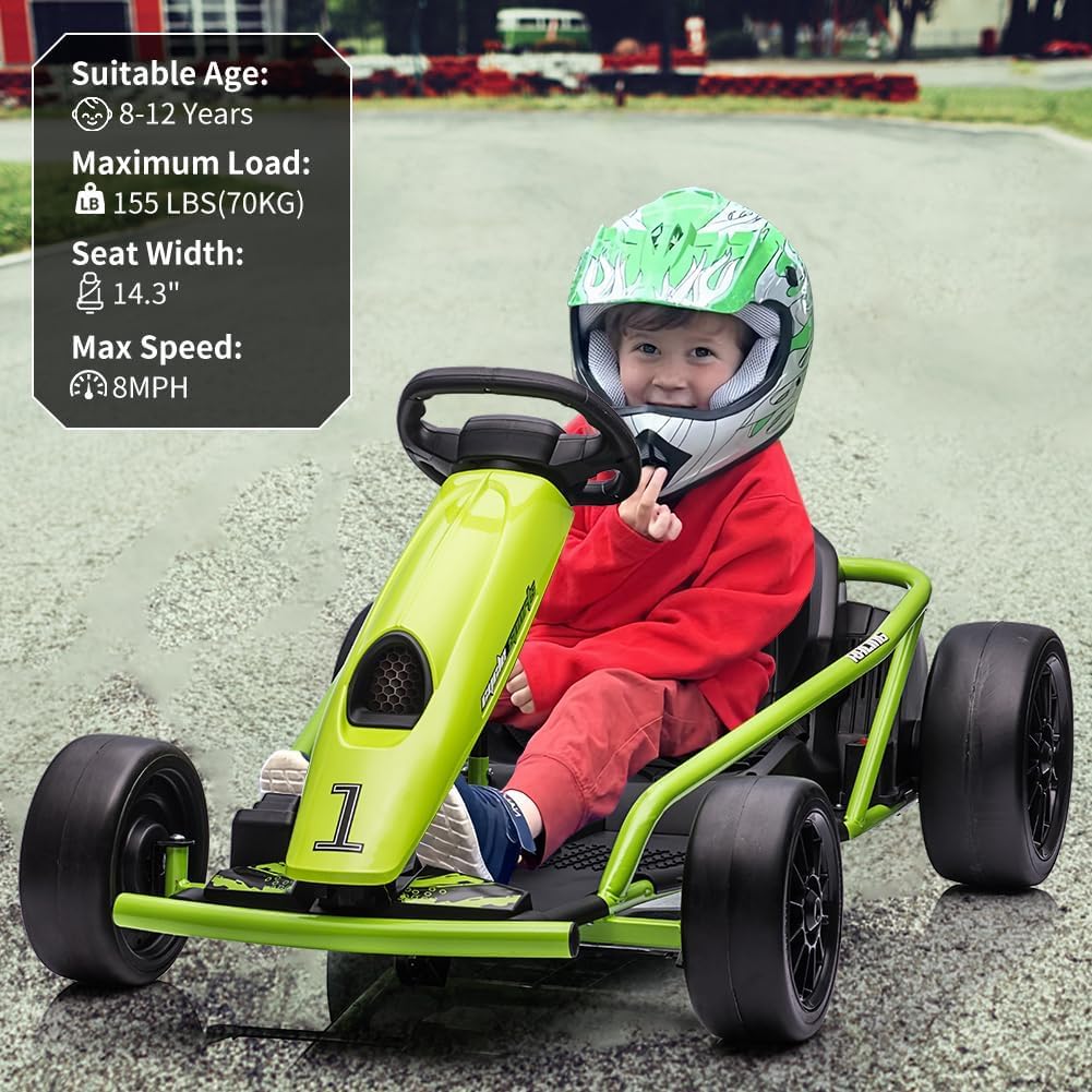 24V Go Kart for Kids 8-12 Years, 300W*2 Extra Powerful Motors, 9Ah Large Battery 8.1MPH High Speed Drifting with Music, Horn,Max Load 155lbs Outdoor Ride On Toy for Teens (Green)
