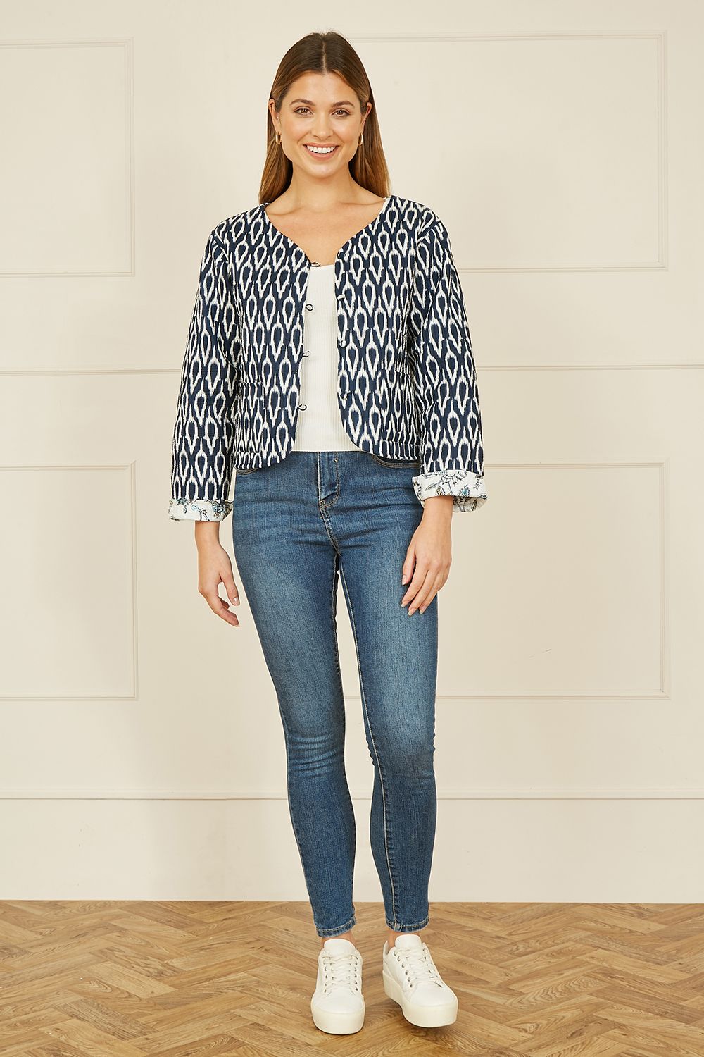 Yumi Navy Ikat Reversible Cotton Quilted Jacket
