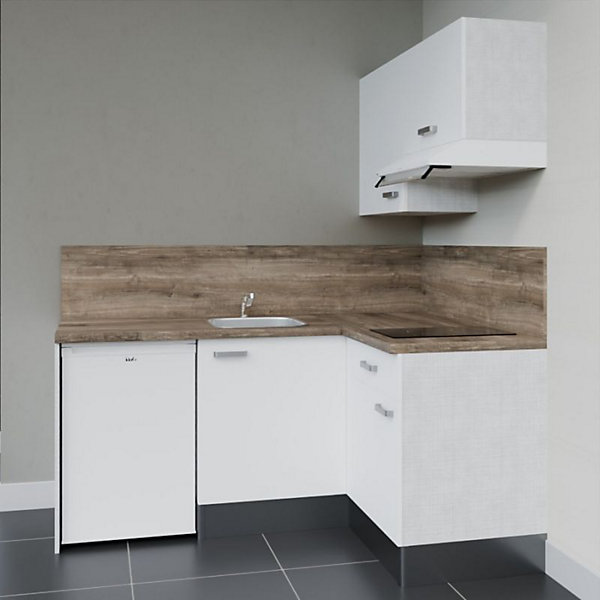 Kitchenette KA02 façades Blanc - Plan de travail Bois - Crédences : Oui - Evier inox - Electroménager Blanc inclus