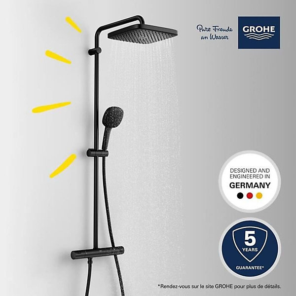 Grohe Vitalio Comfort 250 colonne de douche thermostatique   douche de tête   douchette à main 2 jets, noir mat (G266962431)