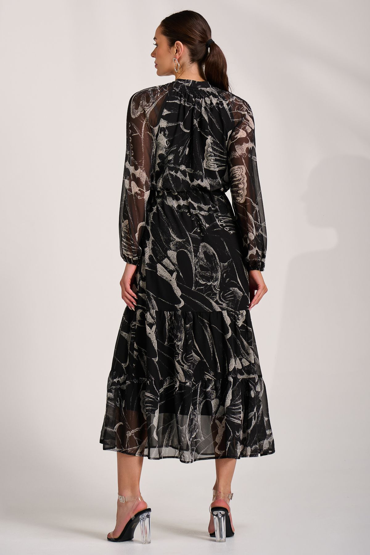 Jolie Moi Chiffon Long Sleeve Tiered Maxi Dress