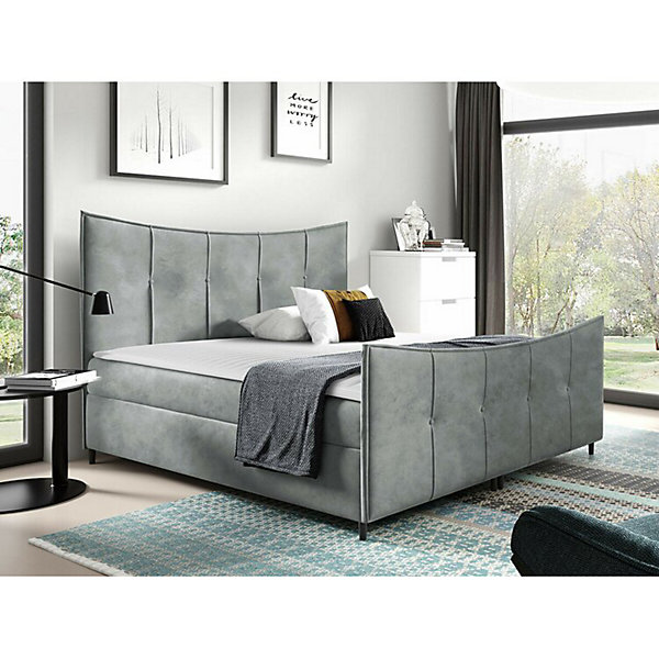 Lit continental Baltimore 177, Double, Gris, Tissu, Disponible