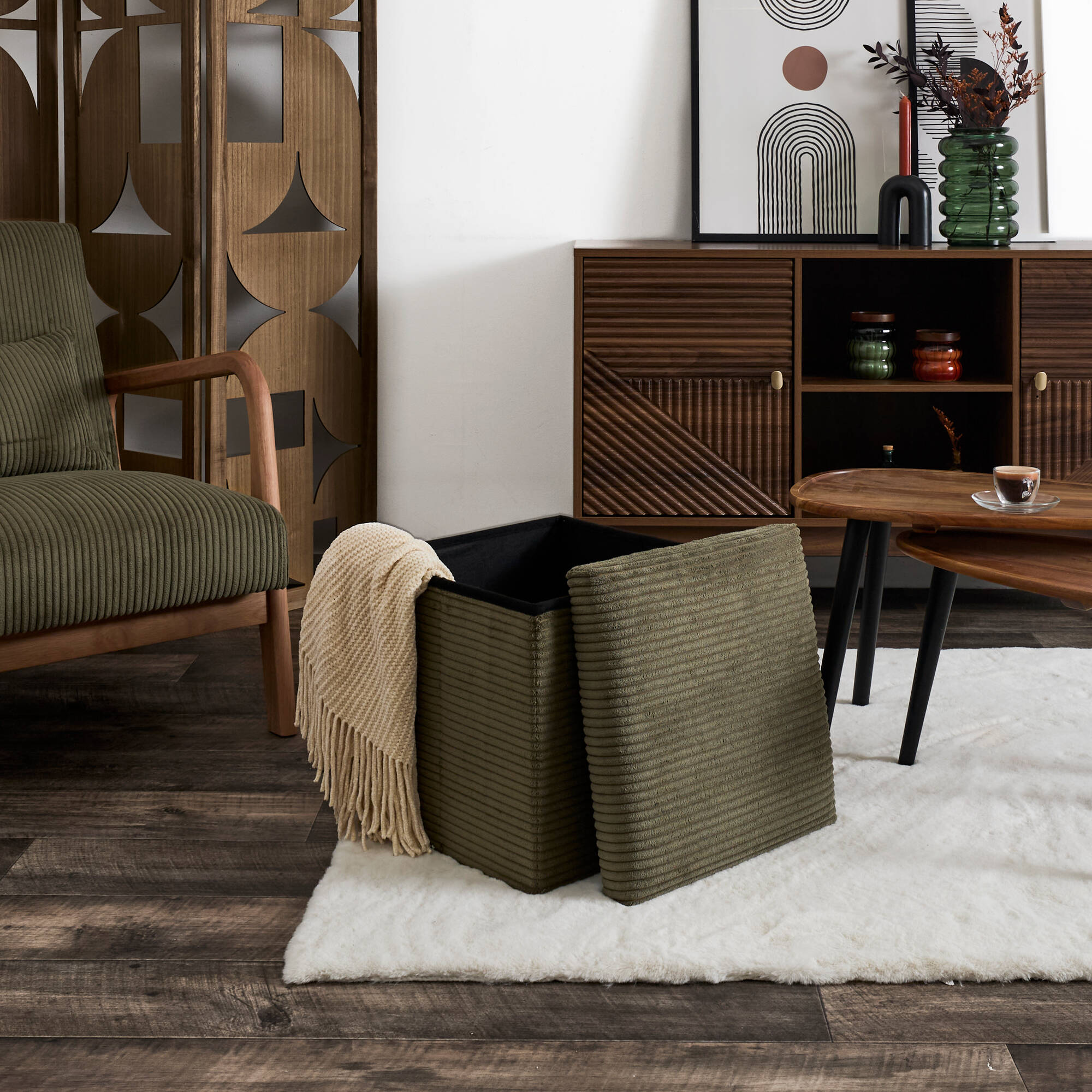 Coffre-pouf pliable, rev&ecirc;tement tissu c&ocirc;telé