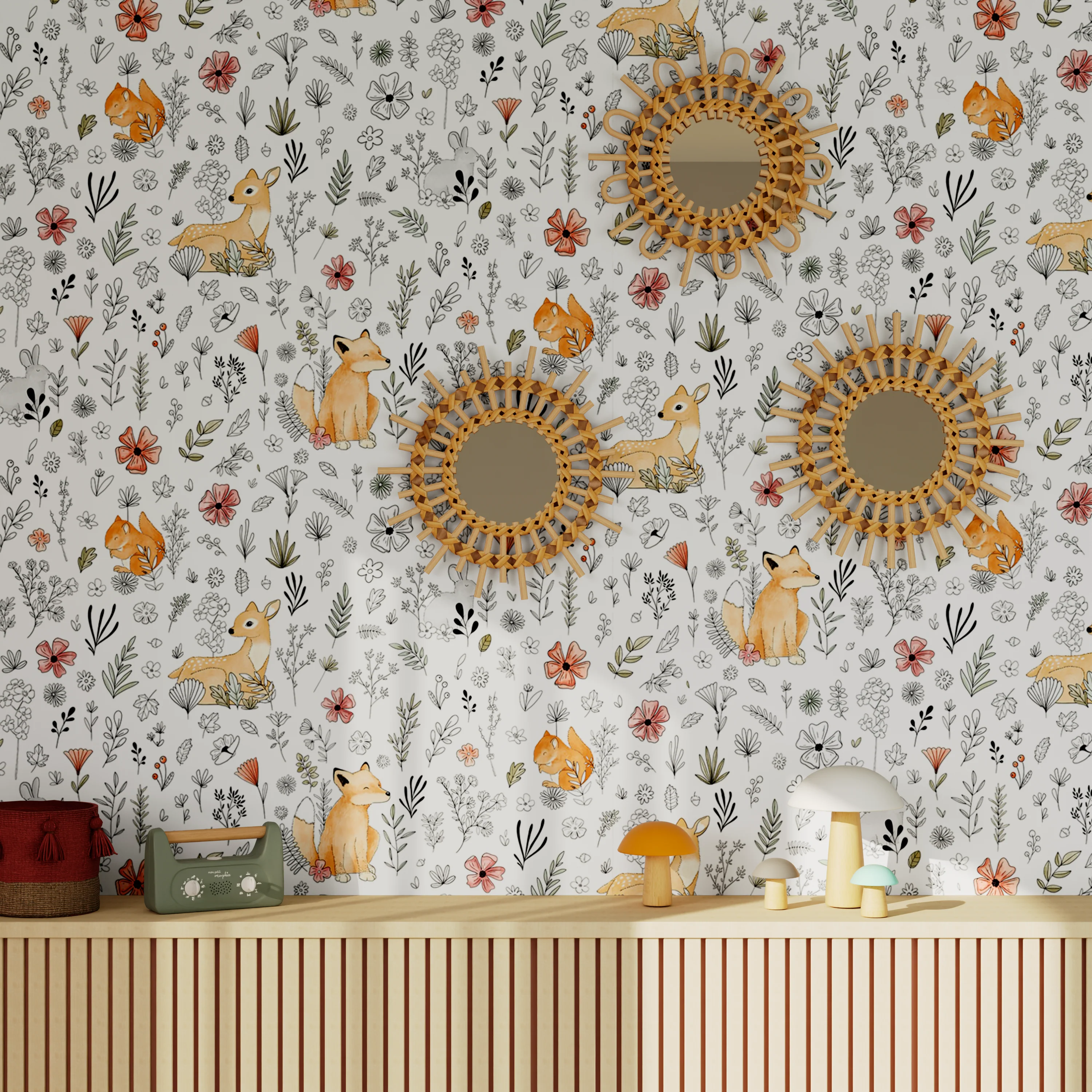 Papier peint intissé CALM FOREST orange clair et rouge framboise
