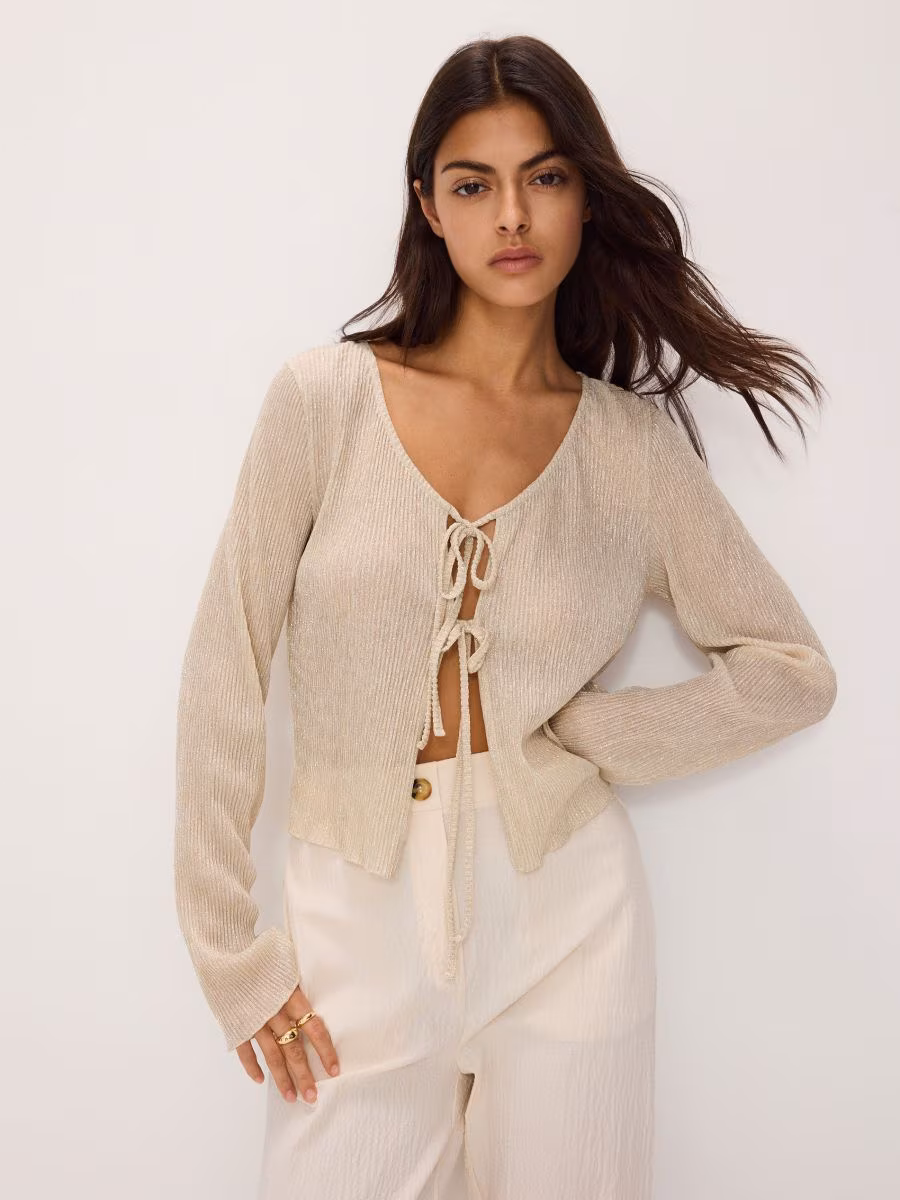 Tie Front Cardigan With Metallised Yarn Blend