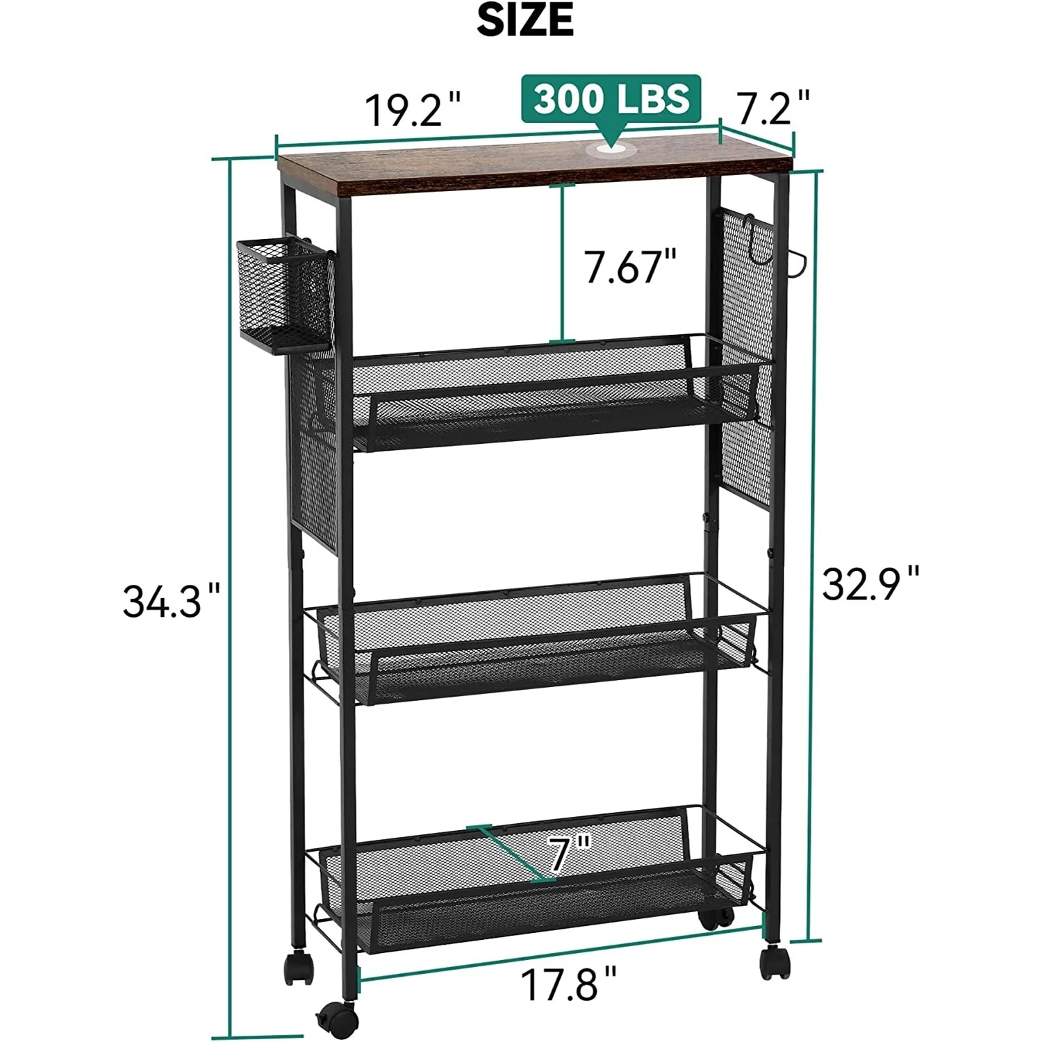 Kleio Wood Kitchen Cart 4-Tier Storage Mobile Utility with Wheels and Baskets