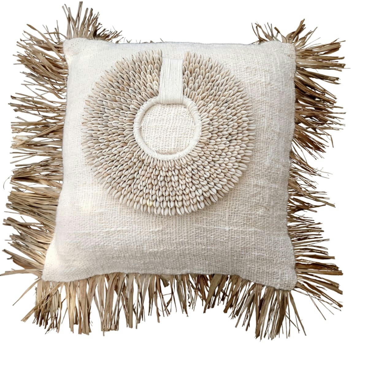 PERLA - Housse de coussin avec franges en raphia, blanc/beige 40 x 40 cm