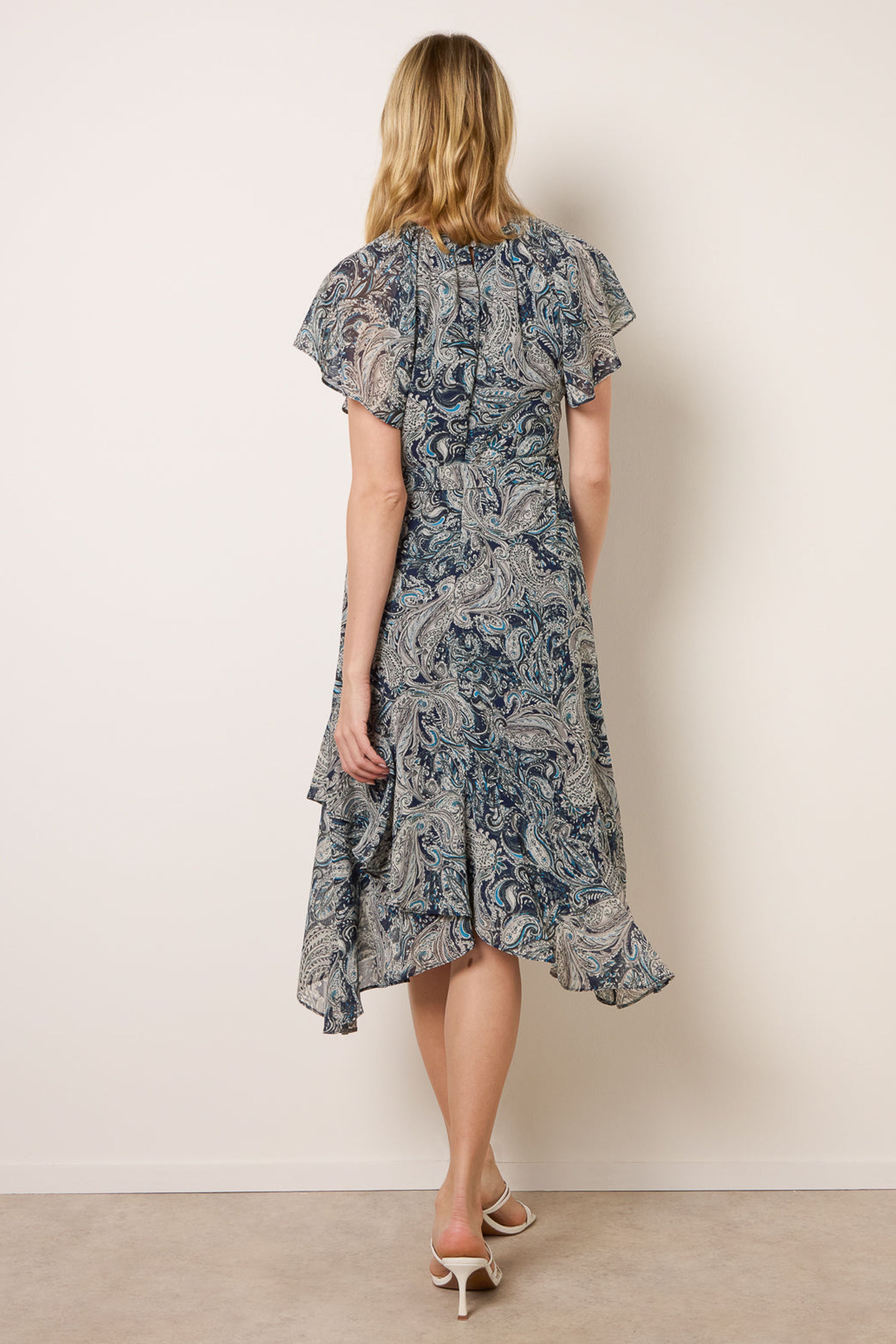 Blue Vanilla Navy Paisley Print Angel Sleeve Asymmetric Midi Dress