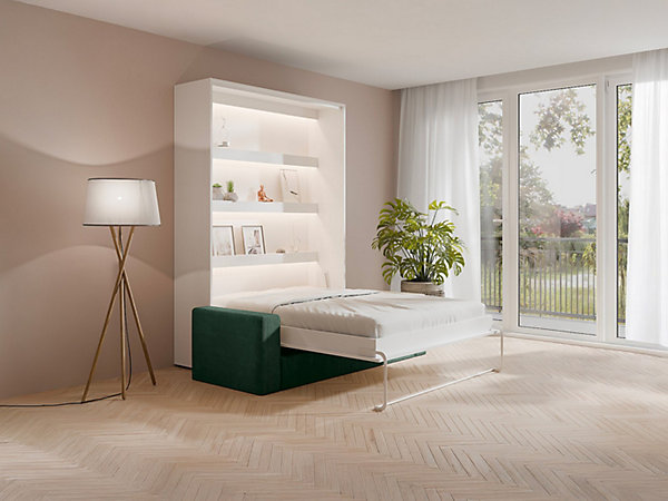 Lit escamotable 160 x 200 cm - Ouverture verticale manuelle - Avec LEDs - Blanc   Canapé Vert   Matelas - RAPILI