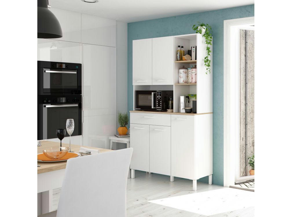 ÉMILE - Buffet de cuisine blanc/bois 5 portes L108 x H186cm