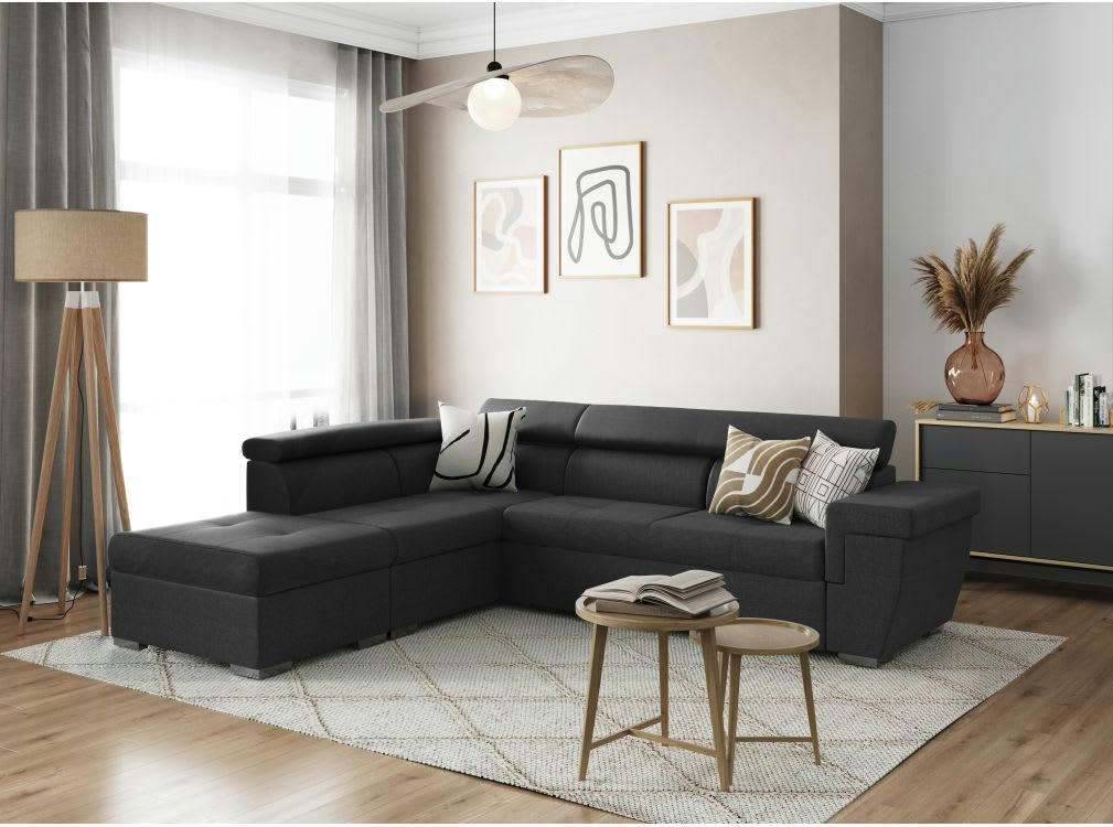 INAYA - Canapé d'angle gauche 5 places convertible en tissu - Gris foncé