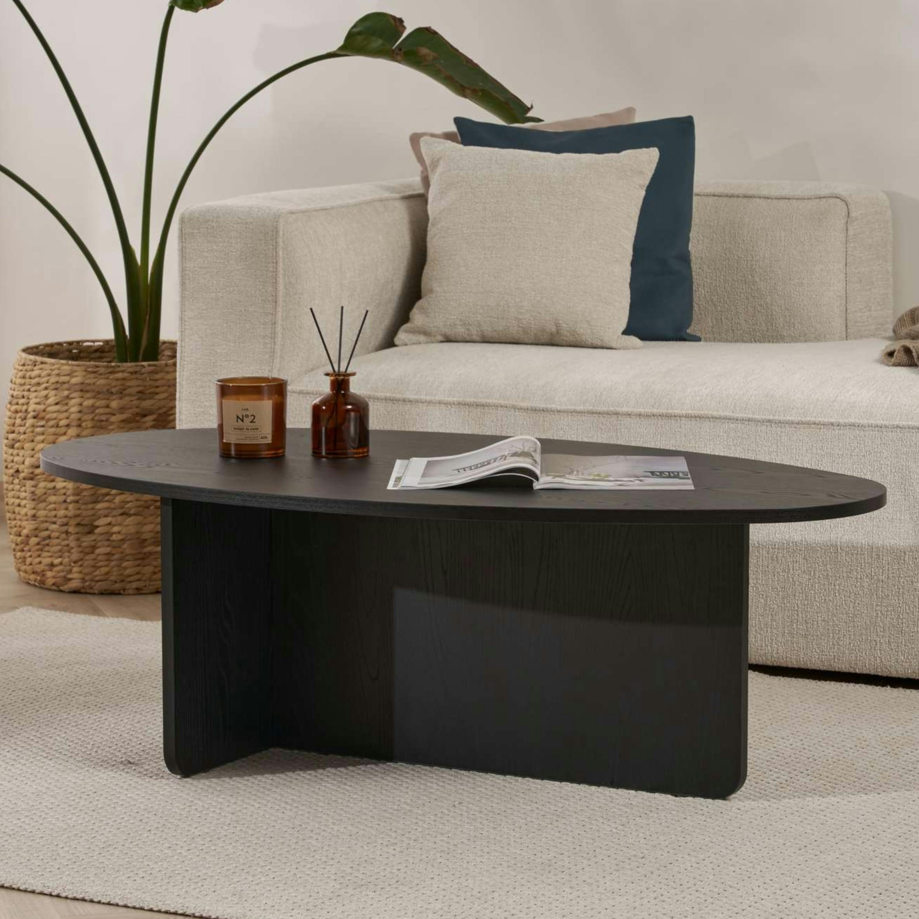 Table basse moderne ovale effet bois noir – pied en T MARFA