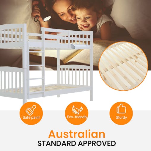NNEMB Wooden Kids Bunk Bed Frame-with Modular Design that can convert to 2 Single-White