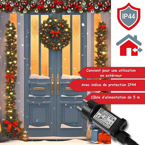 Guirlande de Noël 5m éclairage 100 LED blanc chaud et boules de Noël Telecommande