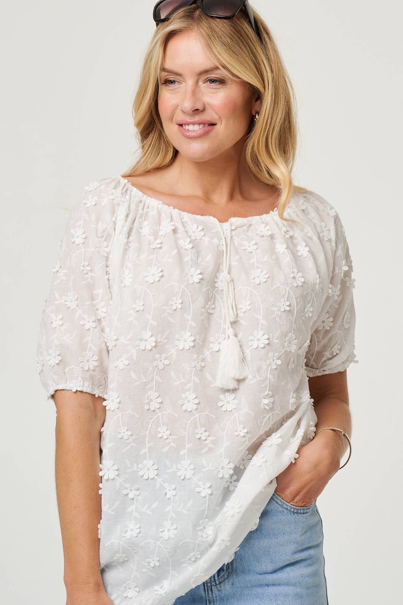 Izabel London Floral Embroidered Bardot Neck Top