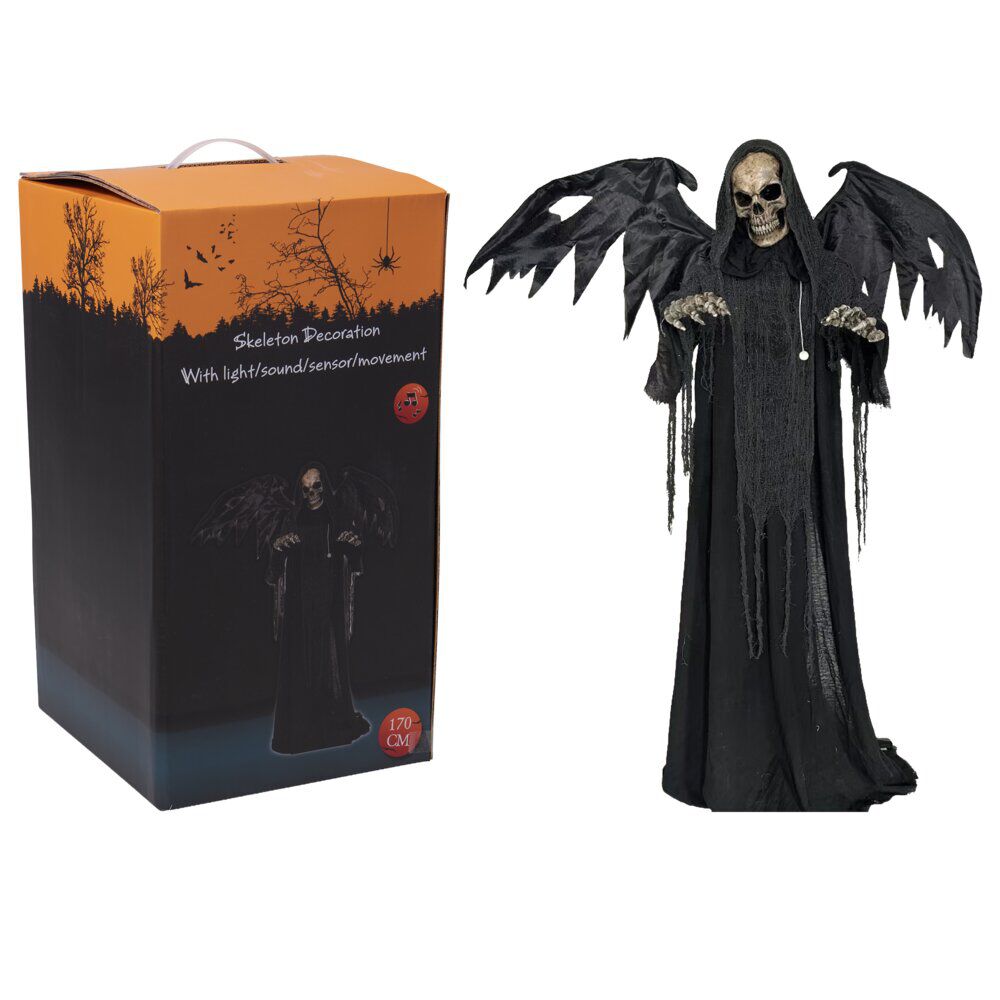 Décoration Halloween automate squelette animé son et lumière 110x20xH170cm