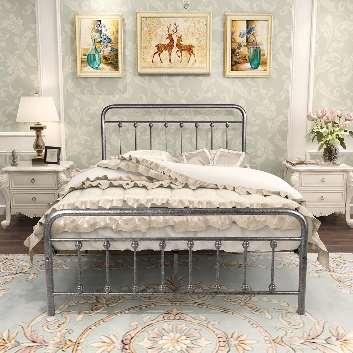 Full Size Metal Bed Frame with Headboard Footboard, Heavy Duty Steel Slats
