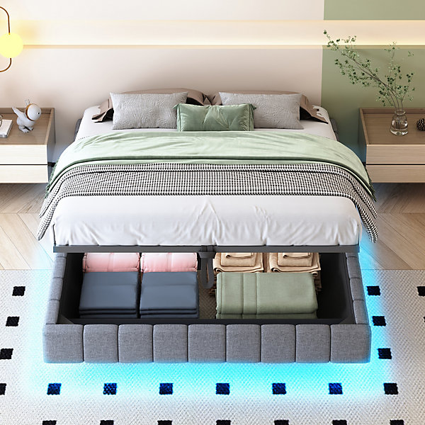 Lit Coffre 160x200 cm avec Sommier Relevable - Lit Double Tissu Gris avec Rangement et Bande LED Intégrée - Sans Matelas