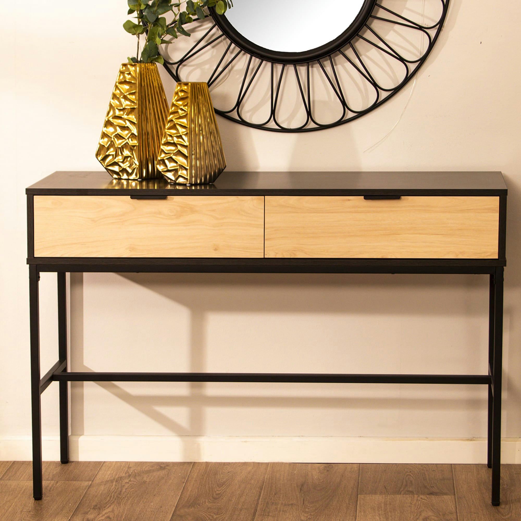 - Console en métal noir et bois 2 tiroirs 120x35x80cm