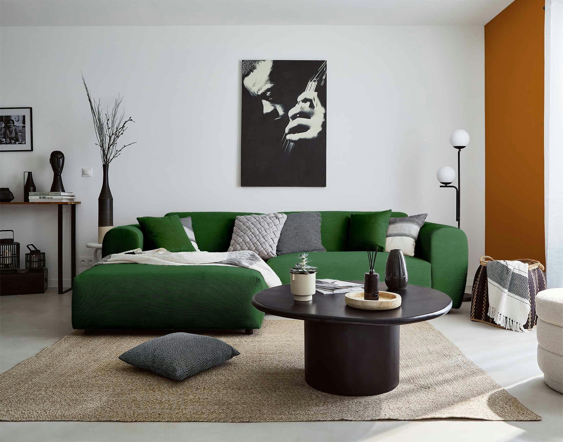 AUMANCE - Canapé d'angle gauche 4 places en velours côtelé vert