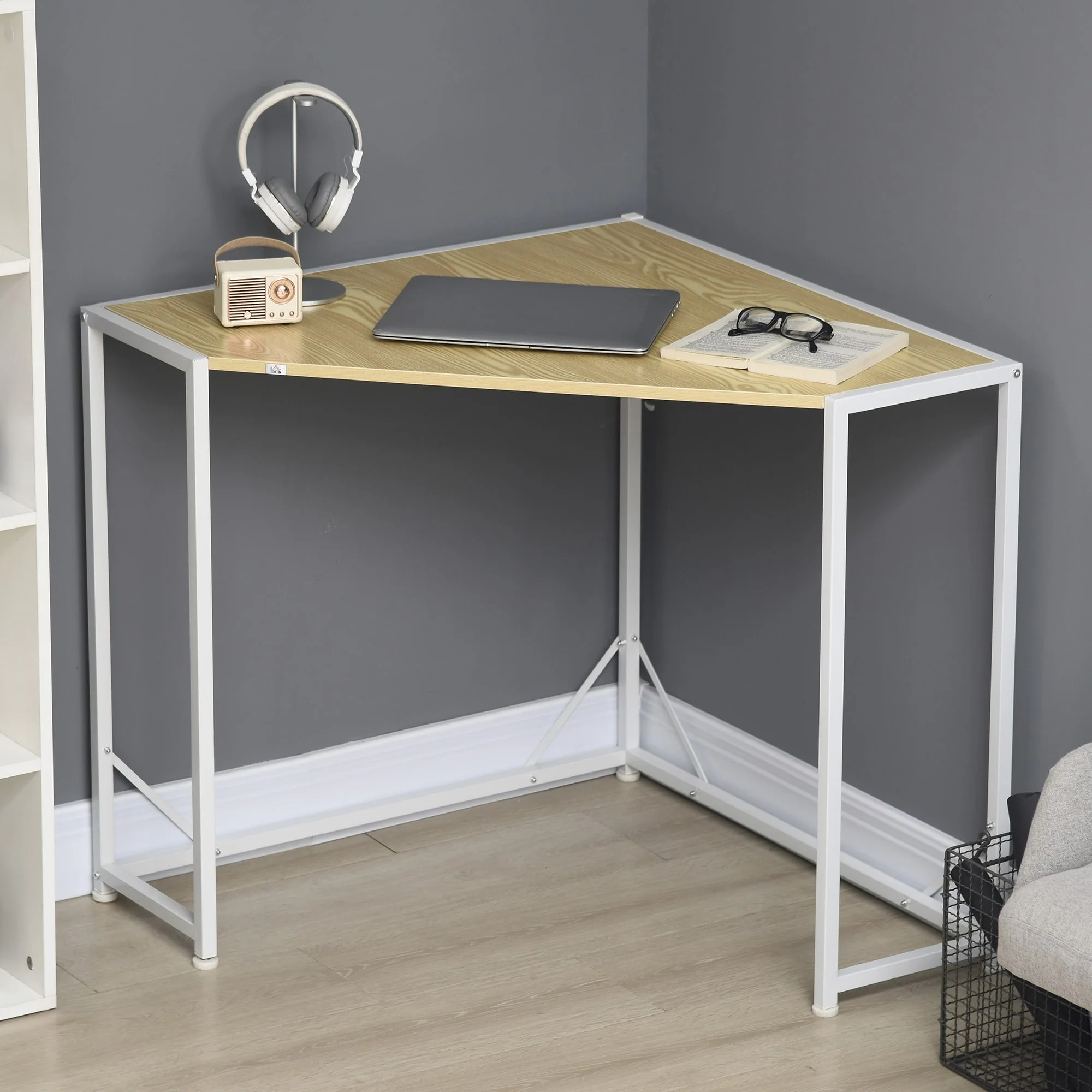 HOMCOM Space-Saving Small Corner Writing Desk & Corner TV Stand, Corner Computer Desk with Strong Metal Frame