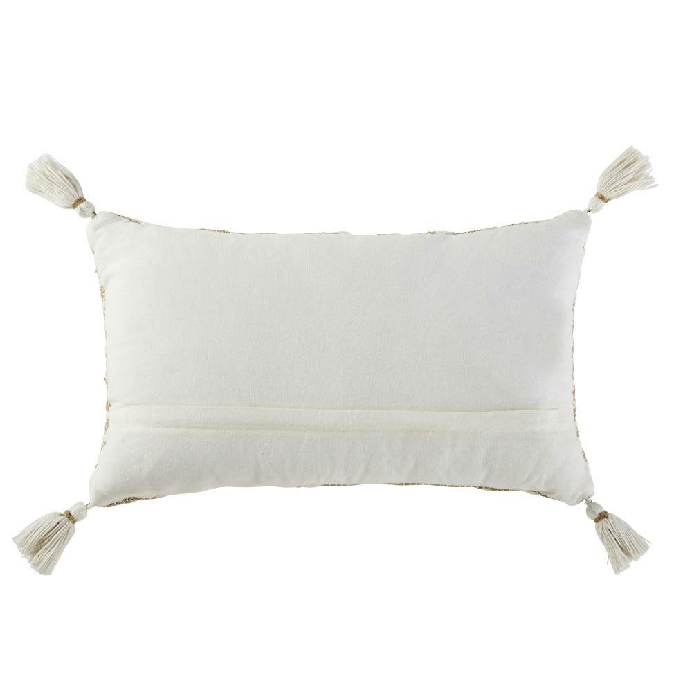 CALAND - Coussin en coton recyclé et coton beiges avec pompons 30x50
