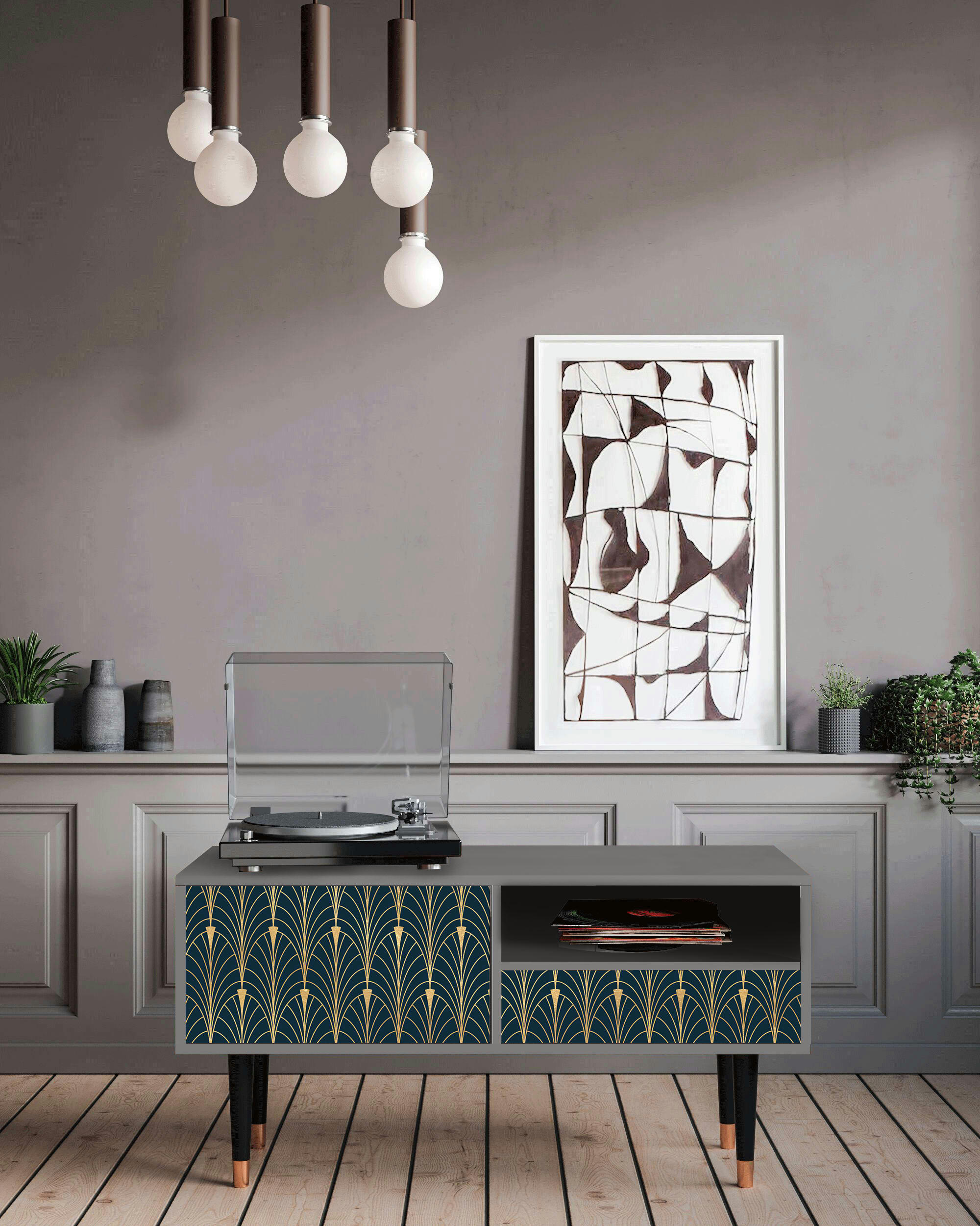 FLOWER OF THE NILE - Meuble TV  bleu et jaune 1 tiroir et 1 porte L 115 cm