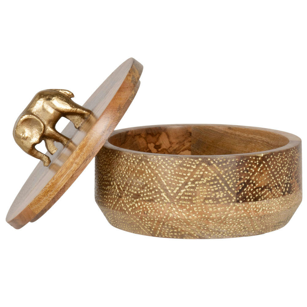 Aswan - Boîte décorative en bois avec couvercle éléphant et détails dorés